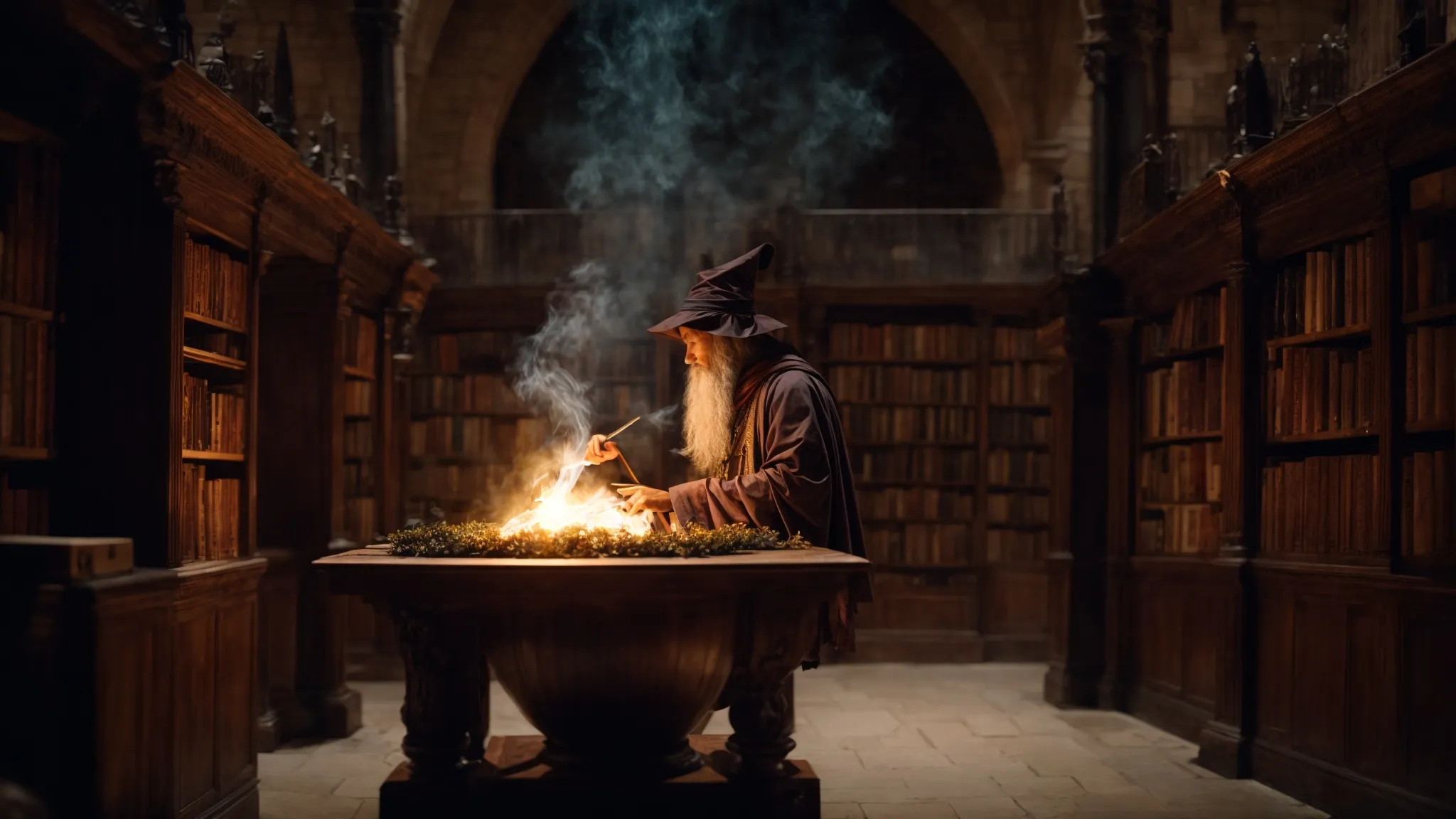 a wizard-like figure conjuring glowing words from a cauldron amidst an ancient library setting.