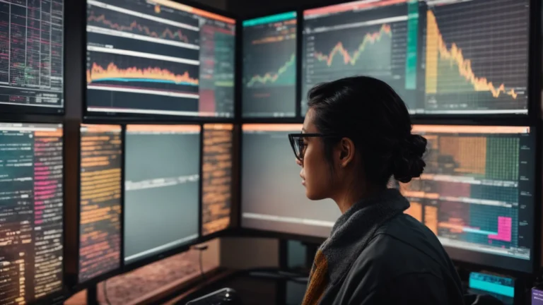 a person intently gazing at a computer screen filled with colorful graphs and lists of trending search terms.
