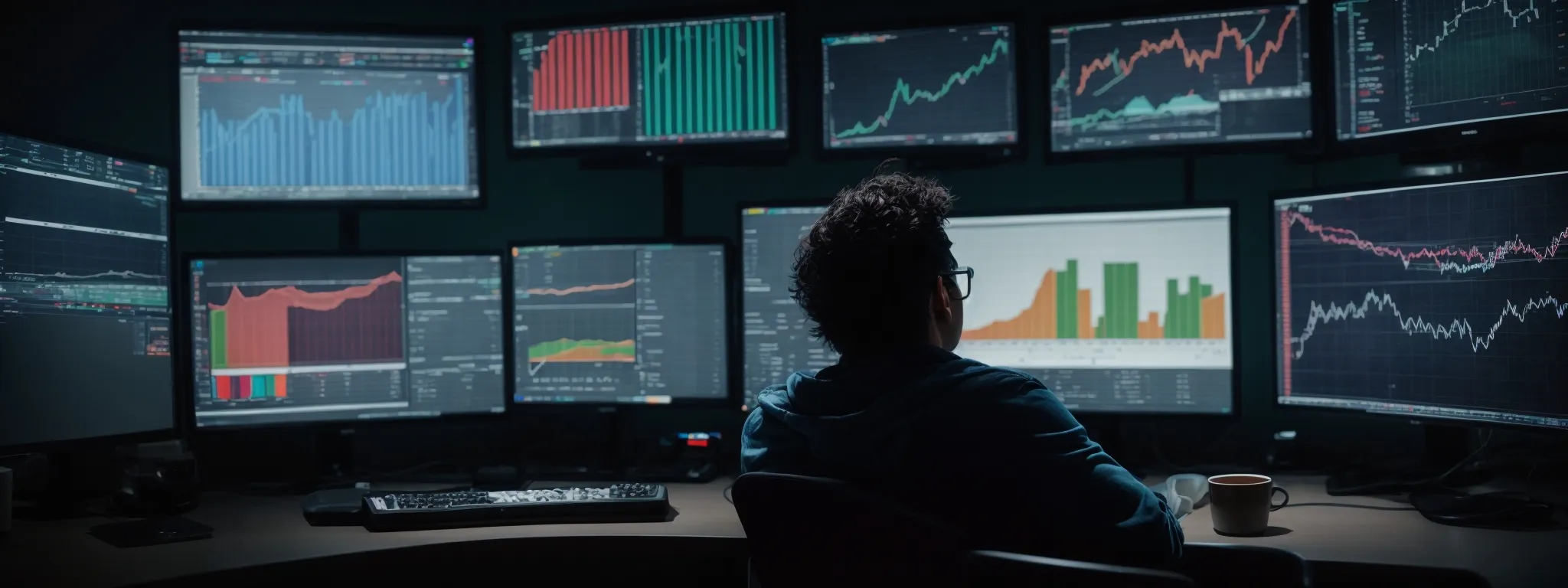 a person sits before a large computer monitor, absorbed in analyzing colorful graphs and charts of seo analytics.