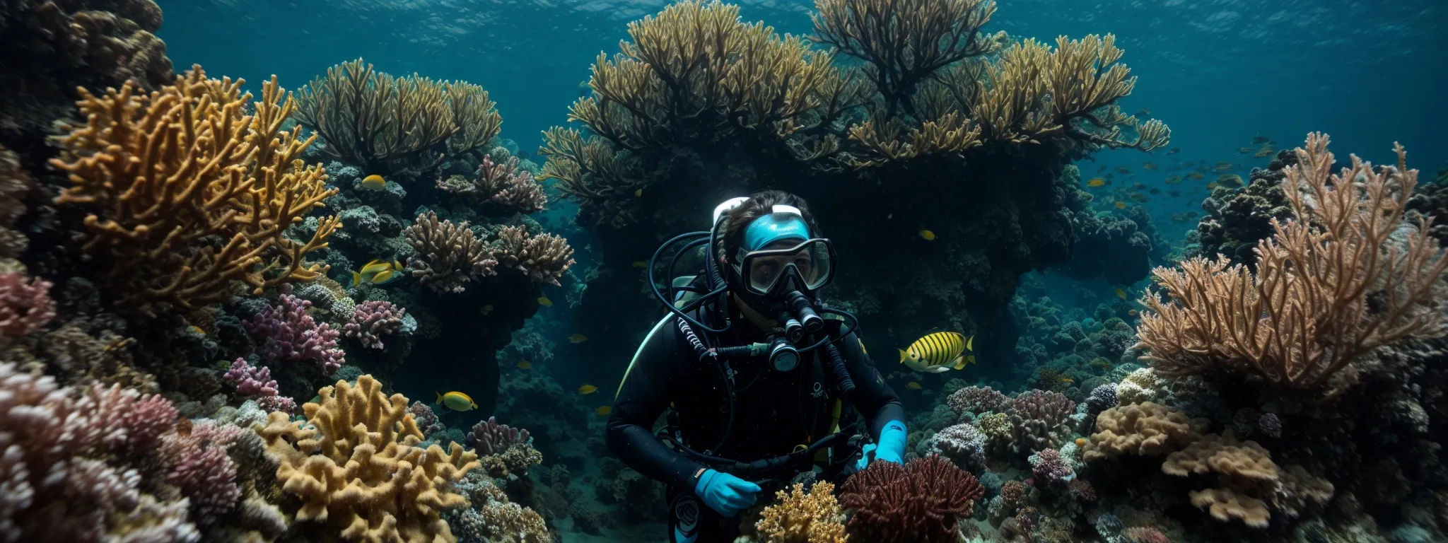 a person wearing scuba diving gear explores a vibrant underwater coral reef teeming with marine life, embodying the concept of a deep dive into keyword discovery with searchatlas.