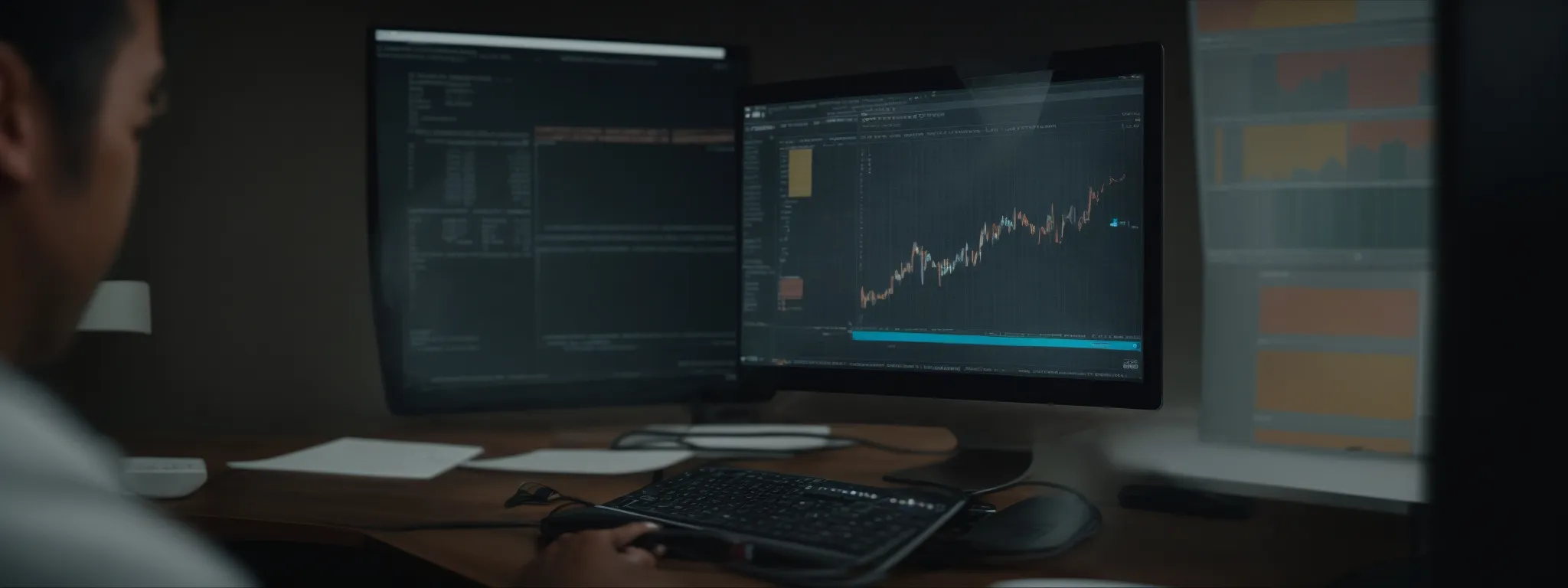 a business professional analyzing keyword data on a computer screen with searchatlas software.