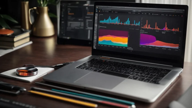 a laptop displaying colorful graphs and lists on a screen, with a magnifying glass and notepad beside it.