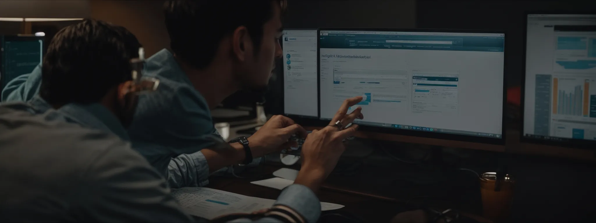 a marketer reviews searchatlas dashboards on a computer screen, strategizing seo content.