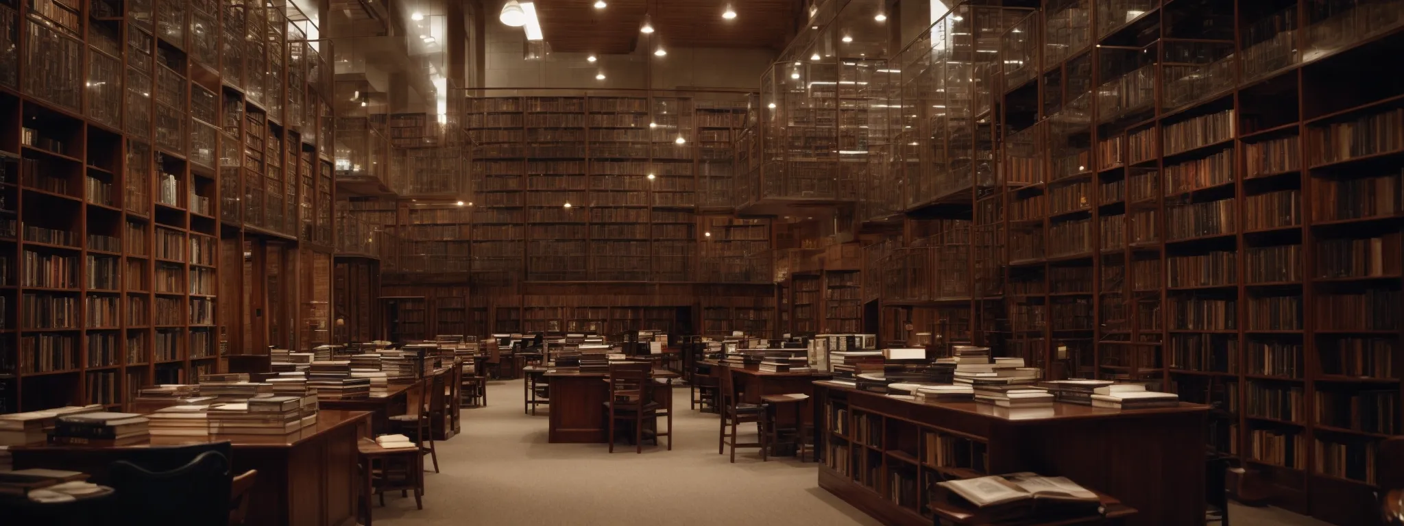 a sprawling library with books organized meticulously into thematic sections.