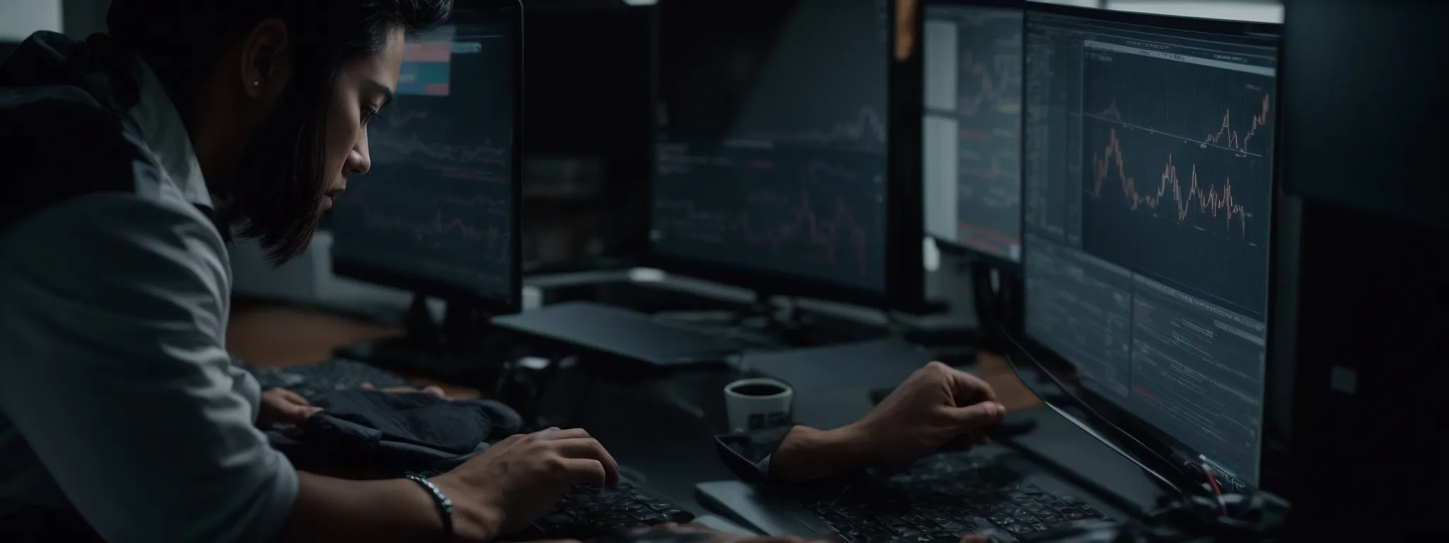 a marketer analyzes graphs and charts on a computer screen, reflecting the performance of seo strategies.