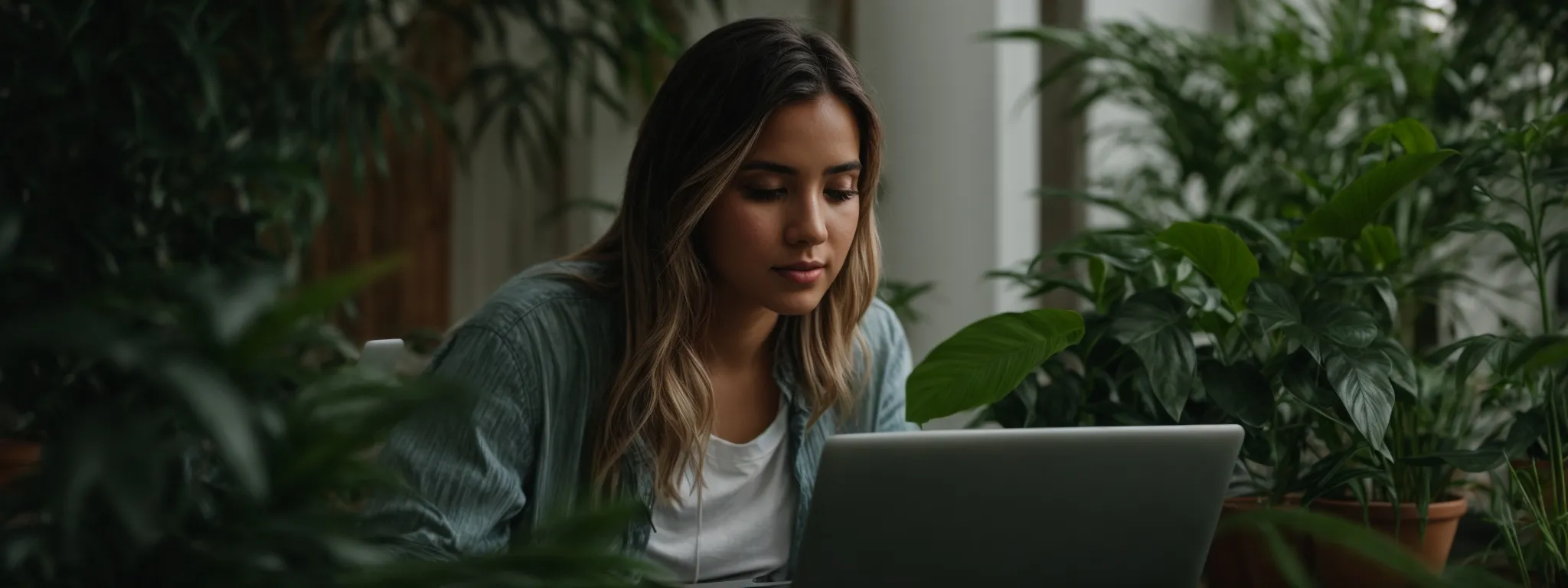a focused blogger carefully composes a new post on their laptop surrounded by serene plants, encapsulating the art of seo-friendly content creation.