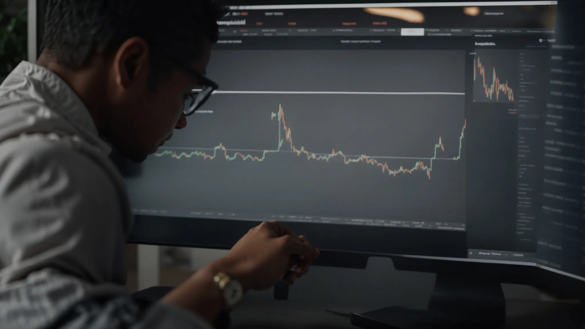 a marketer examines a graph on a computer screen, analyzing keyword performance and trends.