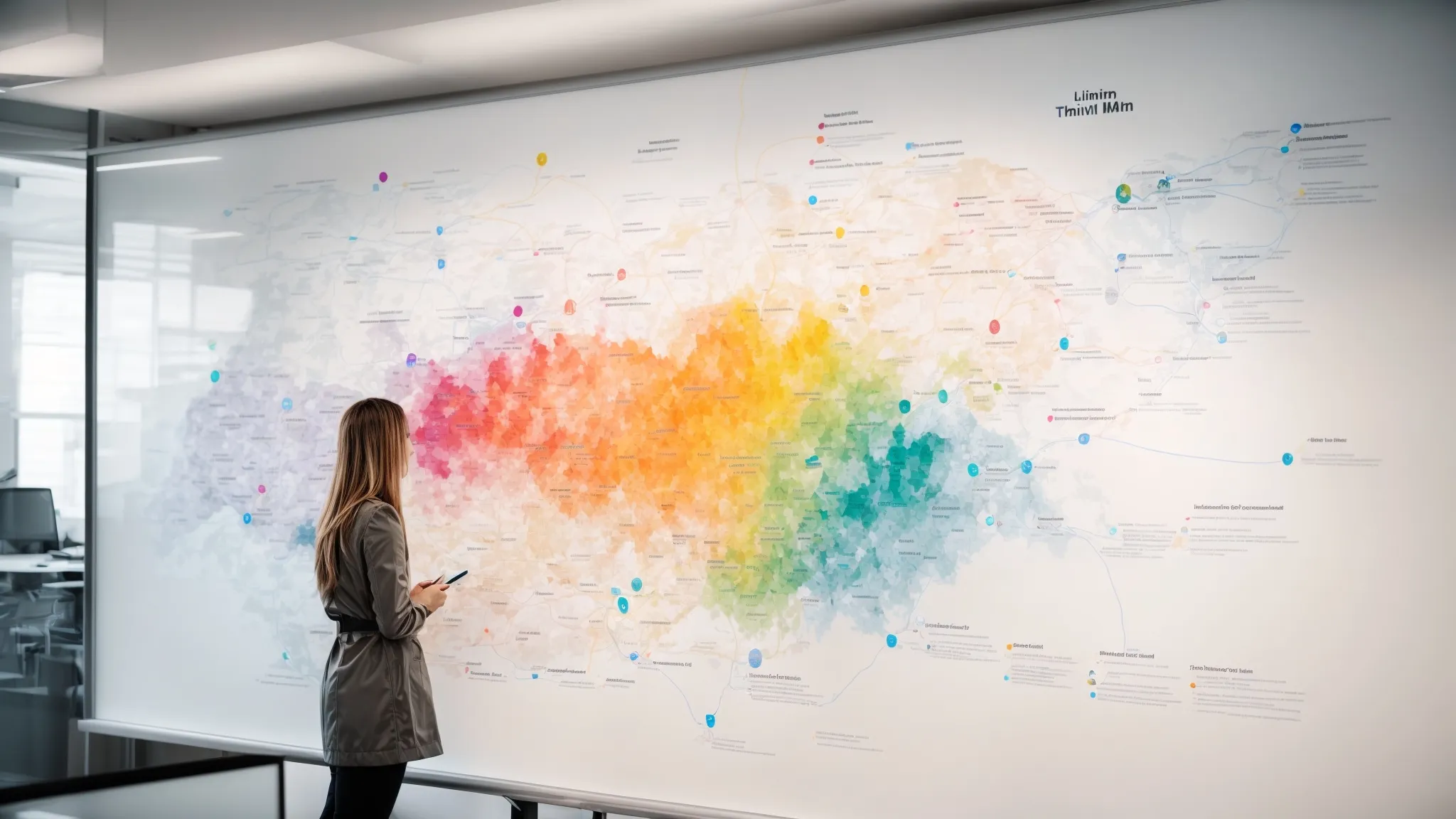 a person studying a large, colorful mind map with keywords connected by lines on a whiteboard in a bright office.