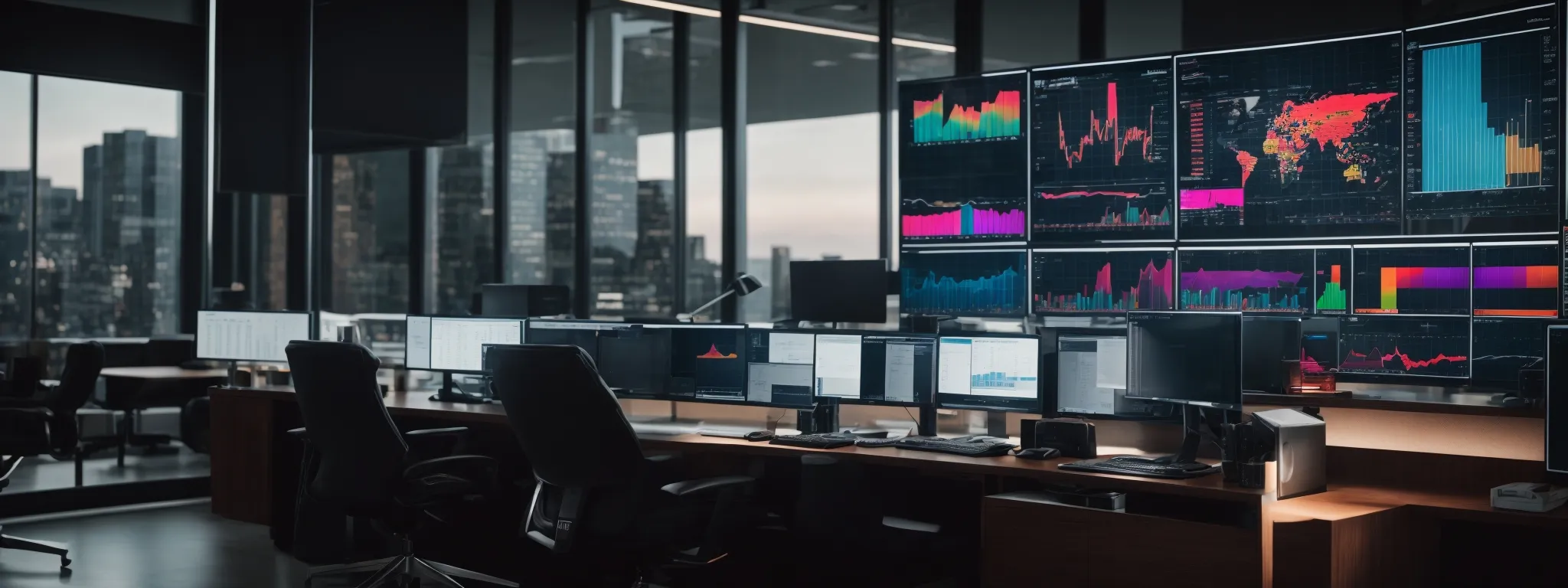 a sleek, modern office environment with multiple computer screens displaying colorful graphs and analytics dashboards.