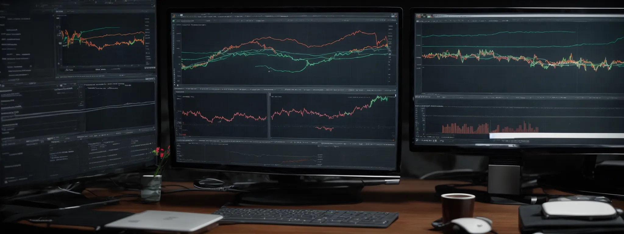 a professional analyzing graphs on a dual-screen computer setup to compare mobile and desktop search trends.