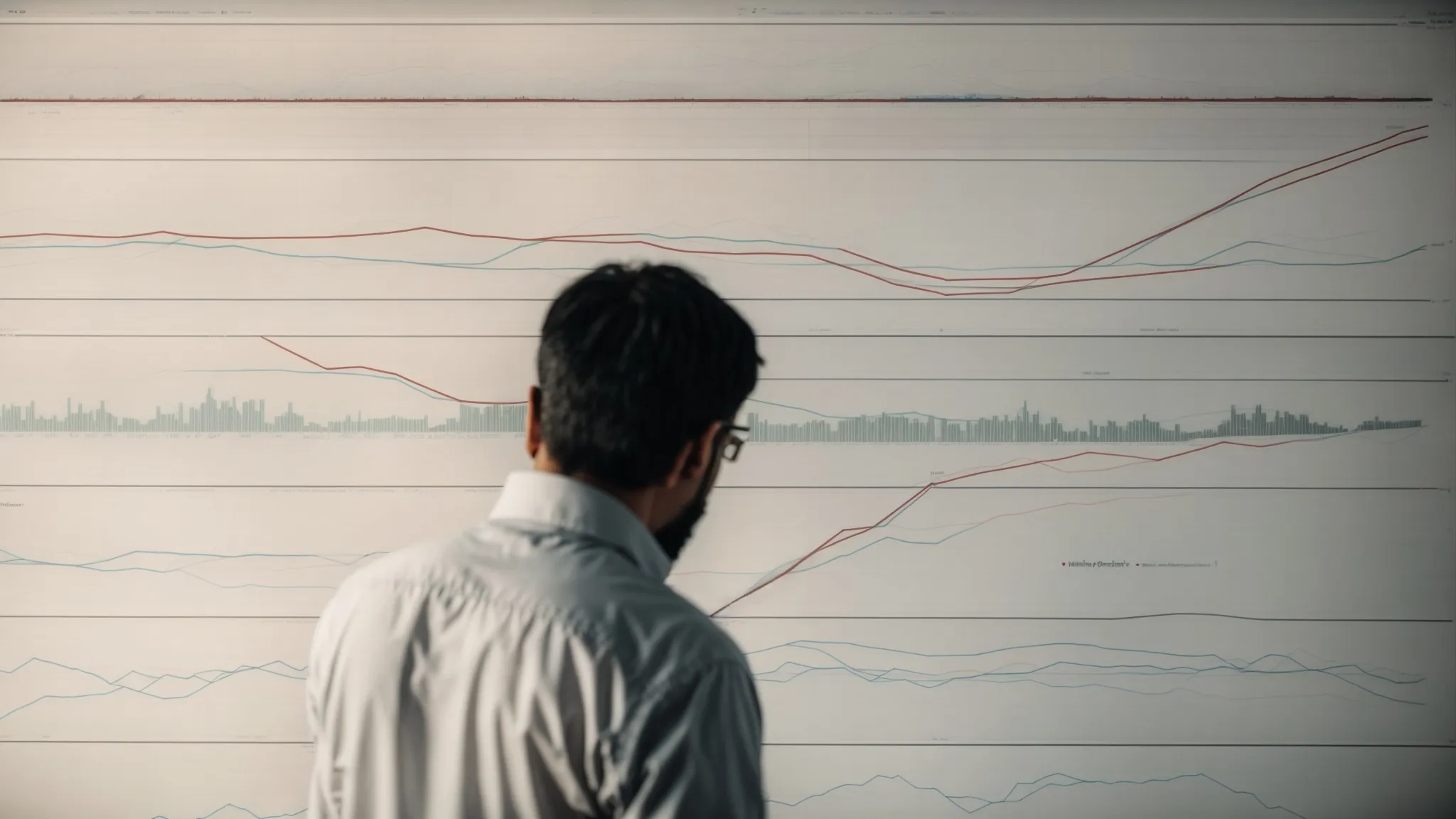 a person intently examining a large graph that represents website traffic increases after effective seo keyword analysis.
