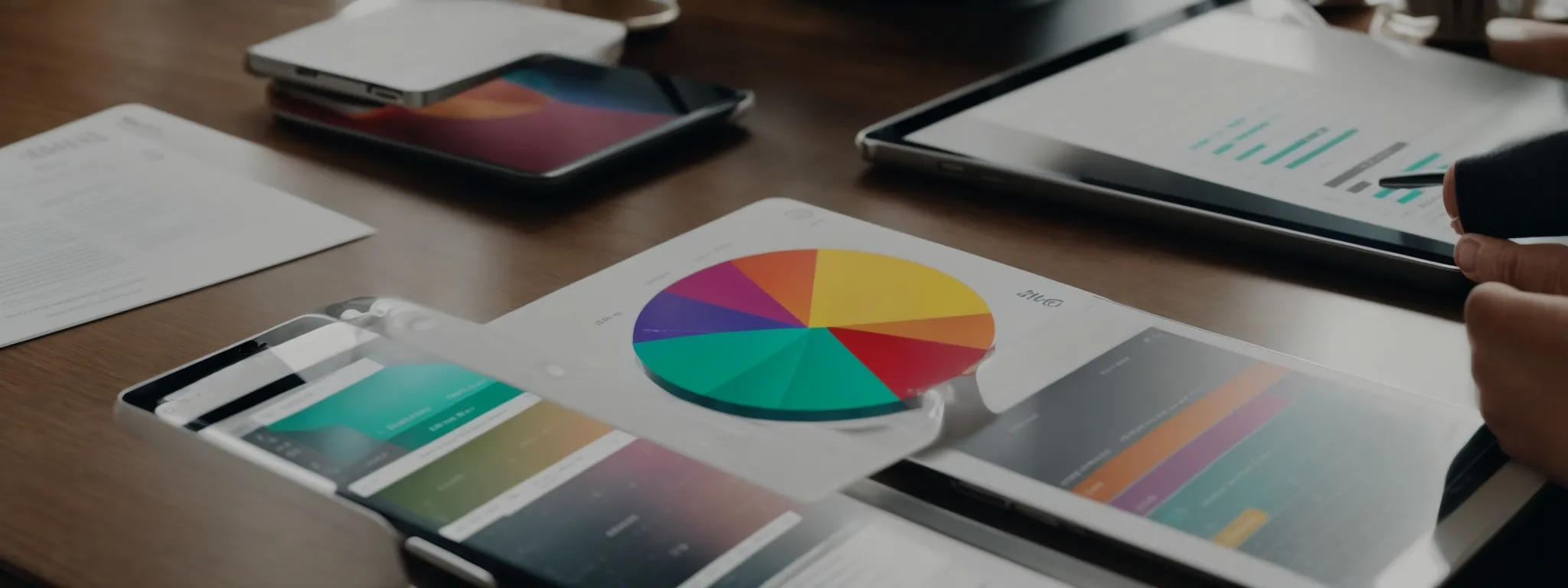 a marketer analyzes a colorful pie chart on a tablet screen to improve local seo strategies.