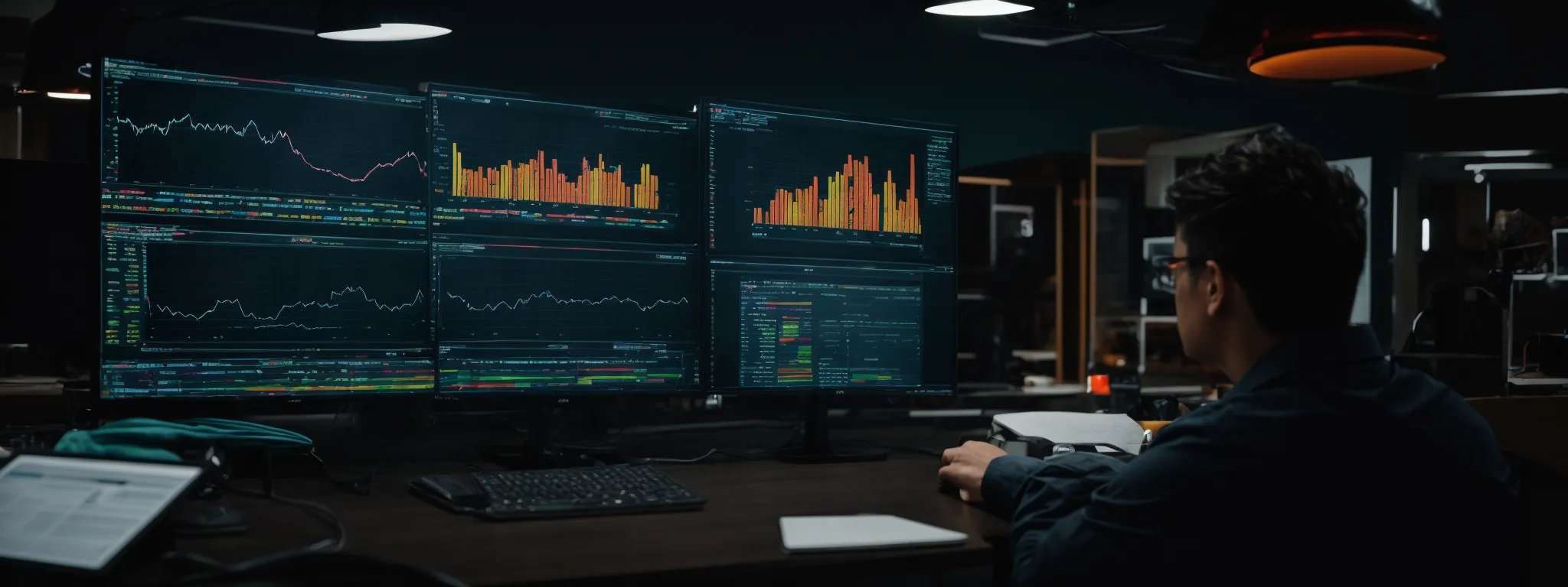 a strategist intently studies a colorful analytics dashboard on a computer screen, focusing on a keyword performance chart.