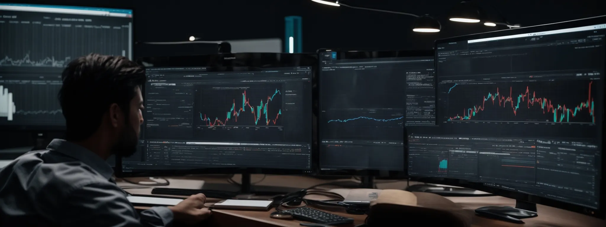 a computer screen displays graphs and keyword analysis charts while an seo professional reviews the integrated data.