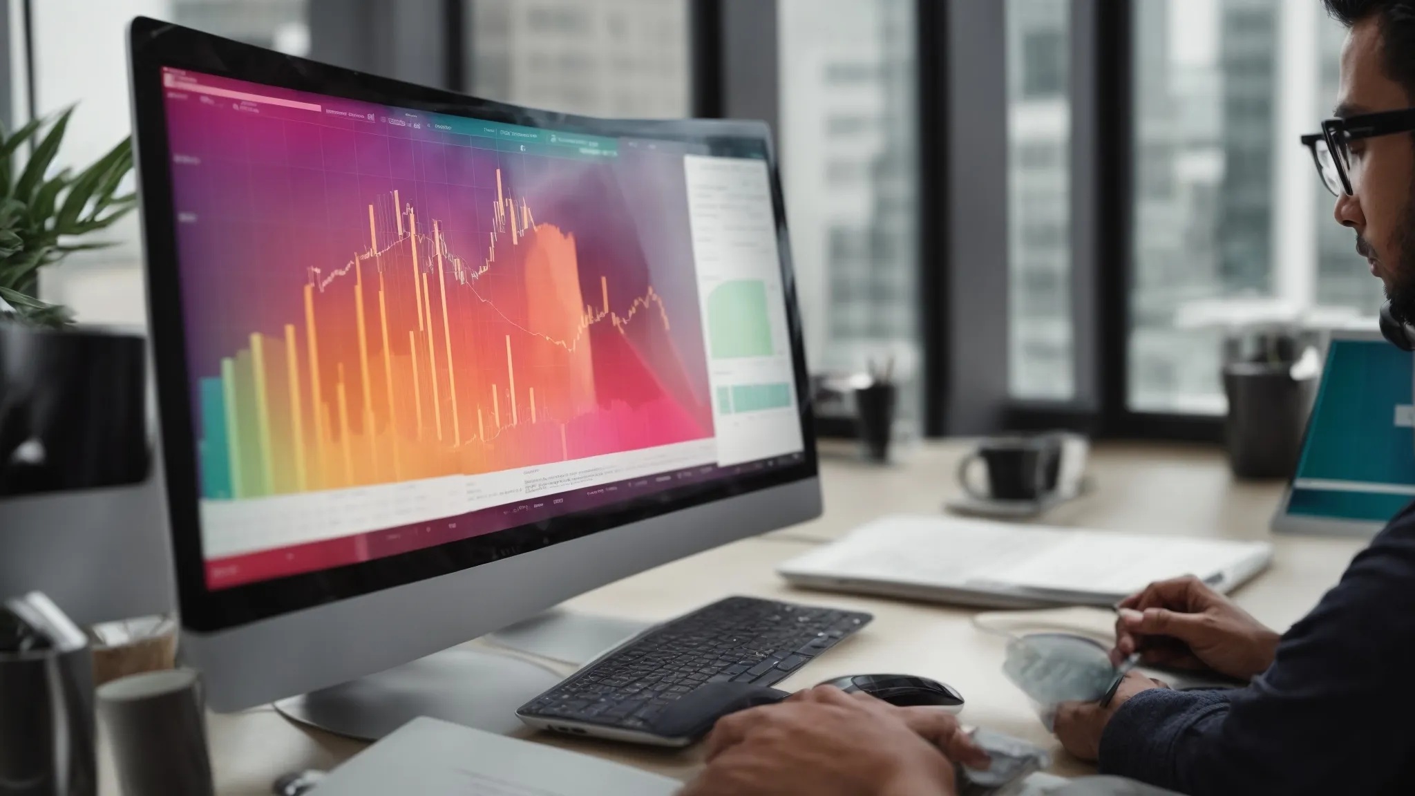 a marketer analyzing a colorful graph of keyword trends on a computer screen in a bright office.