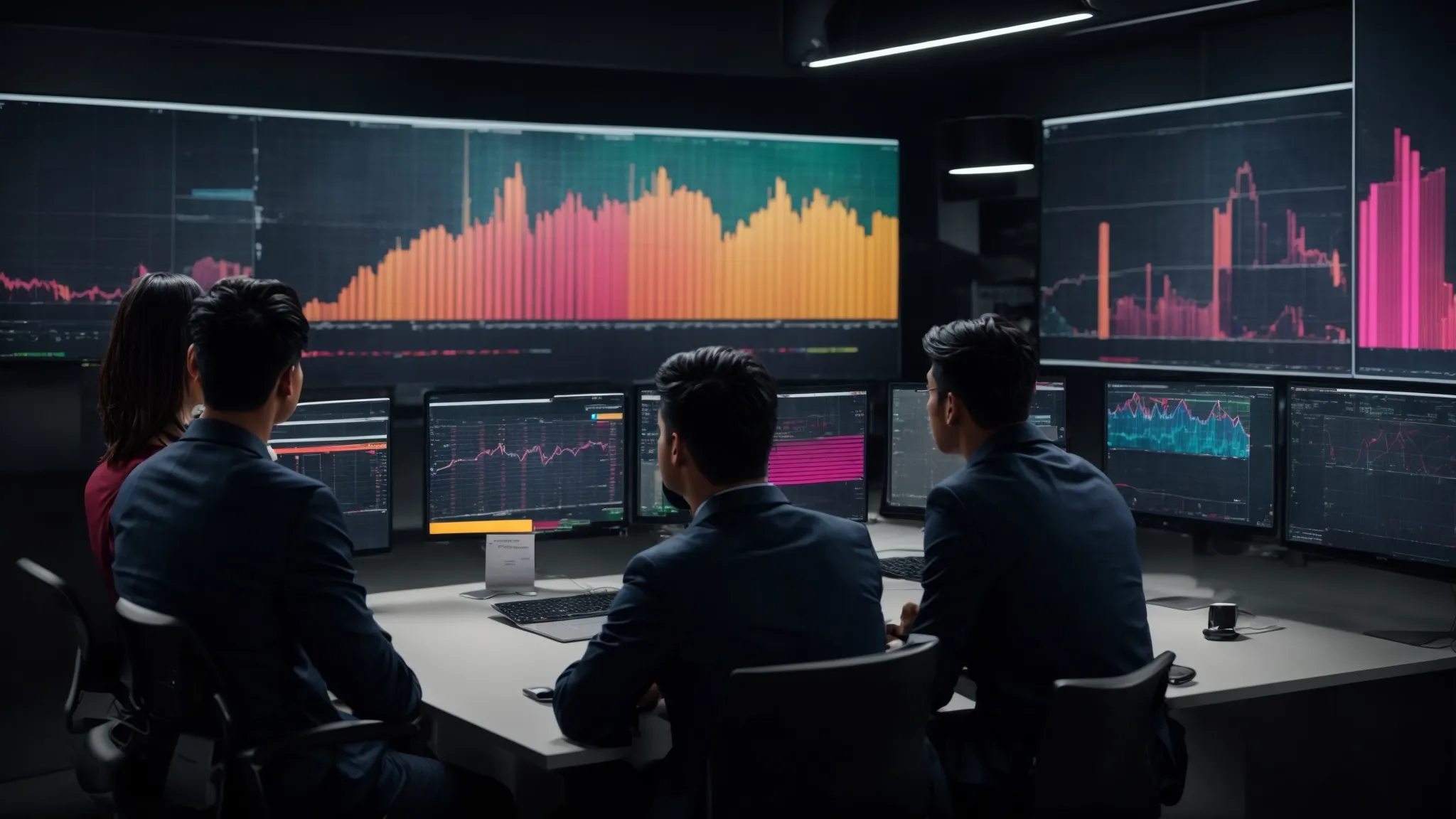 a group of professionals gathered around a large monitor displaying colorful graphs and keyword analytics.
