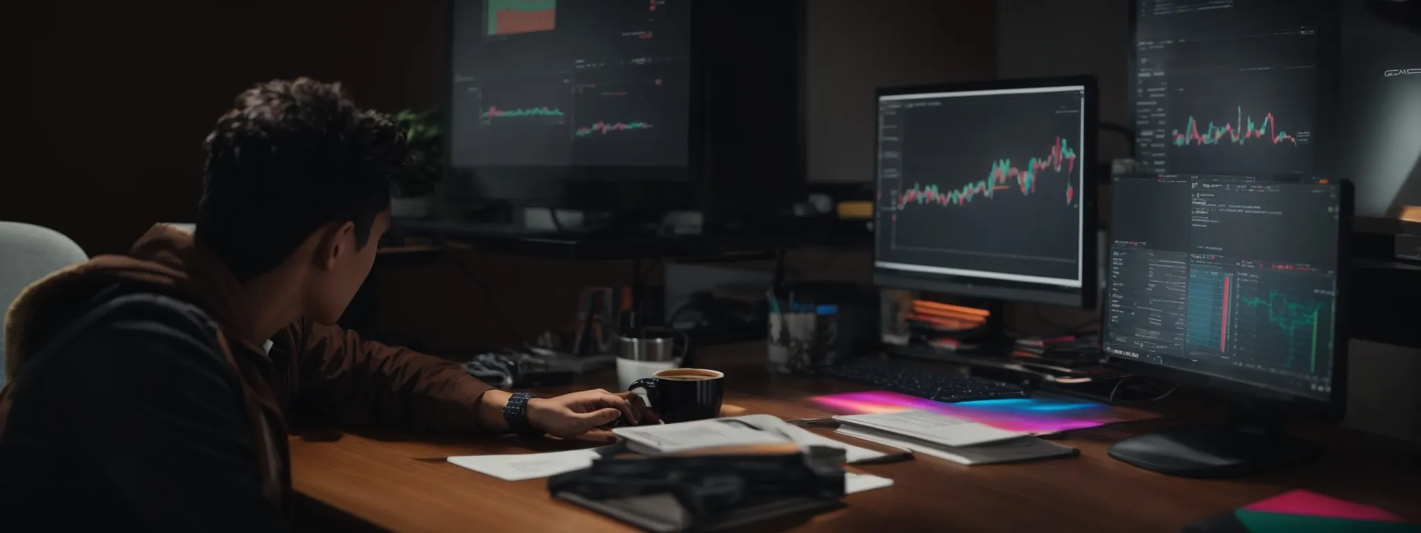 a person sitting at a modern desk with a computer displaying colourful graphs and a cup of coffee nearby, symbolizing strategic online work.