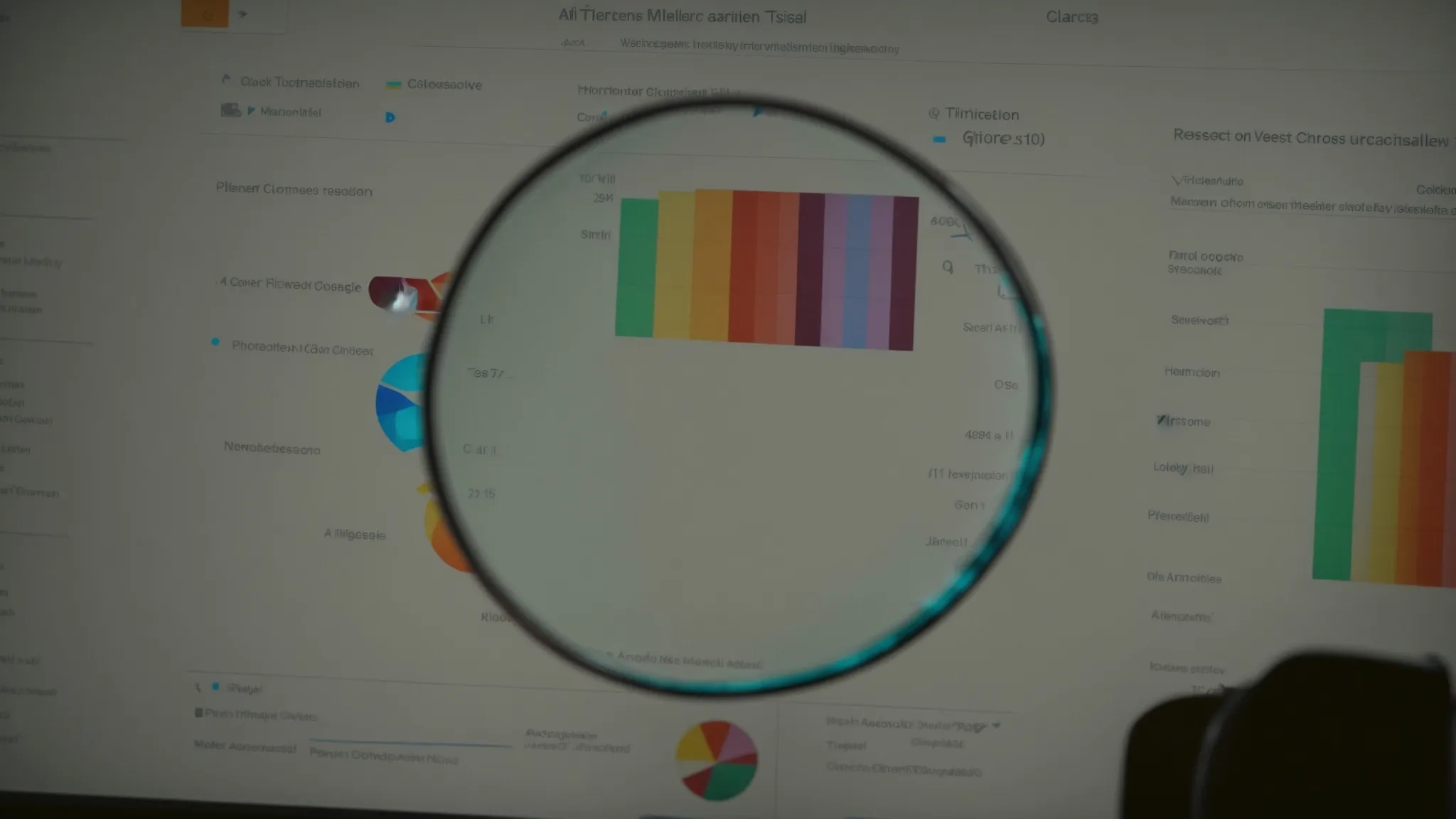 a person sitting at a desk with a computer displaying colorful graphs and a magnifying glass poised above a list of trending topics.