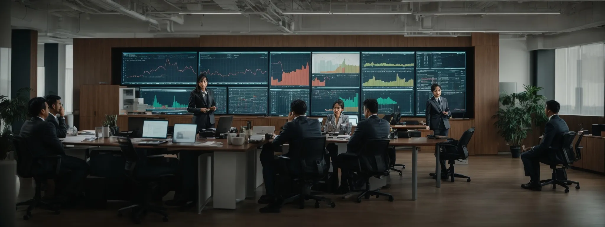 a strategic meeting with a spacious, bright office background featuring professionals analyzing data charts on a large monitor.