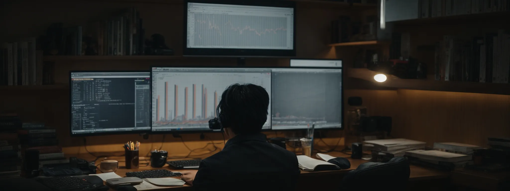 a person sits in front of a computer, intensely studying data on the screen, amid a backdrop of books and digital tools symbolizing seo research.