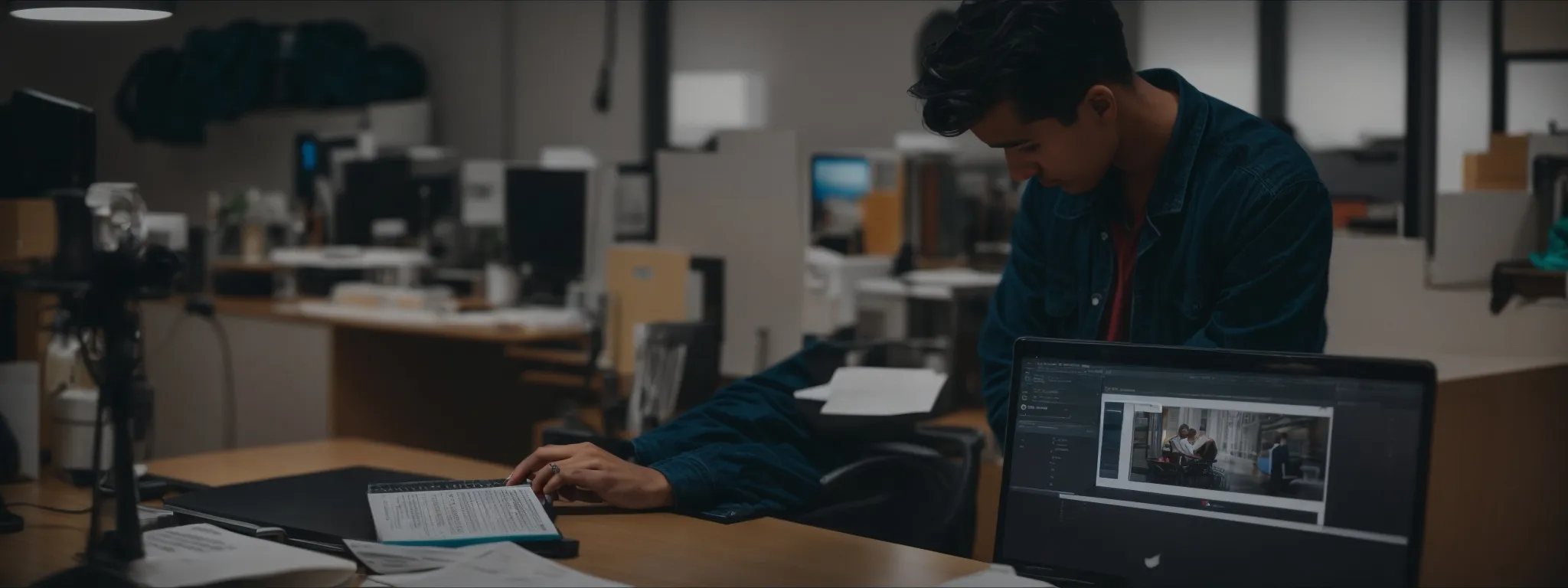 a person working intently on a computer with moz keyword explorer open on the screen, amidst an office setting.