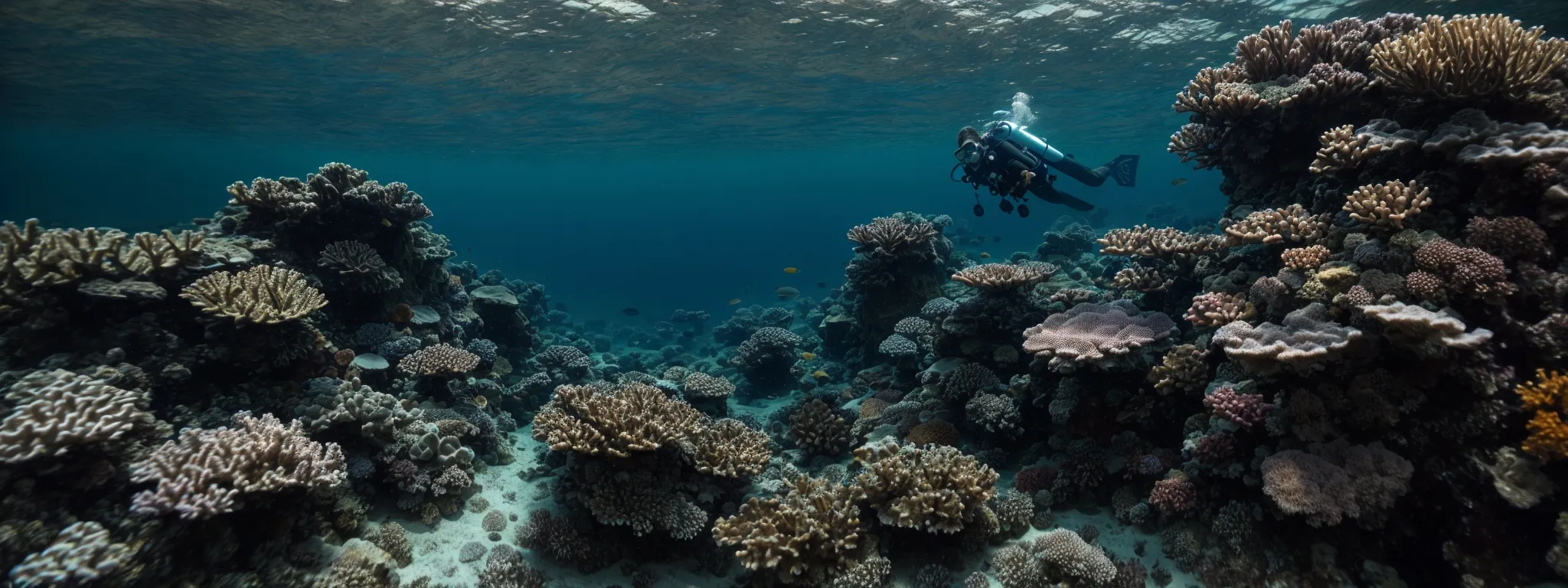 a diver poised above a coral reef, ready to plunge into the underwater world, symbolizing the dive into deep competitor analysis.