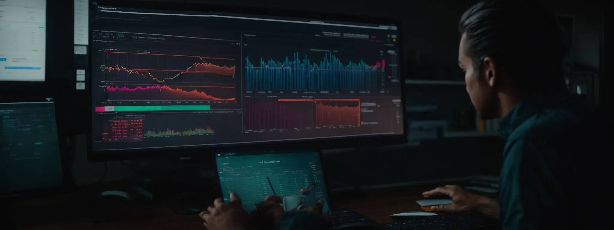 a marketer examines a glowing dashboard on a computer screen revealing a colorful array of keyword analysis graphs and metrics.