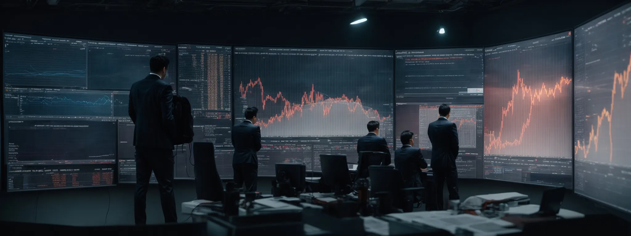 a marketer studies complex analytics on a large screen, visualizing keyword trends in a graph format.