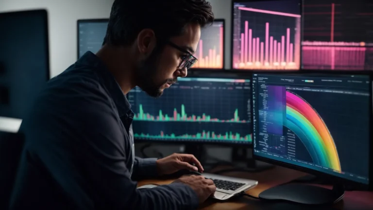 a focused person attentively analyzes colorful graphs and charts on a computer screen, strategizing for digital marketing campaigns.