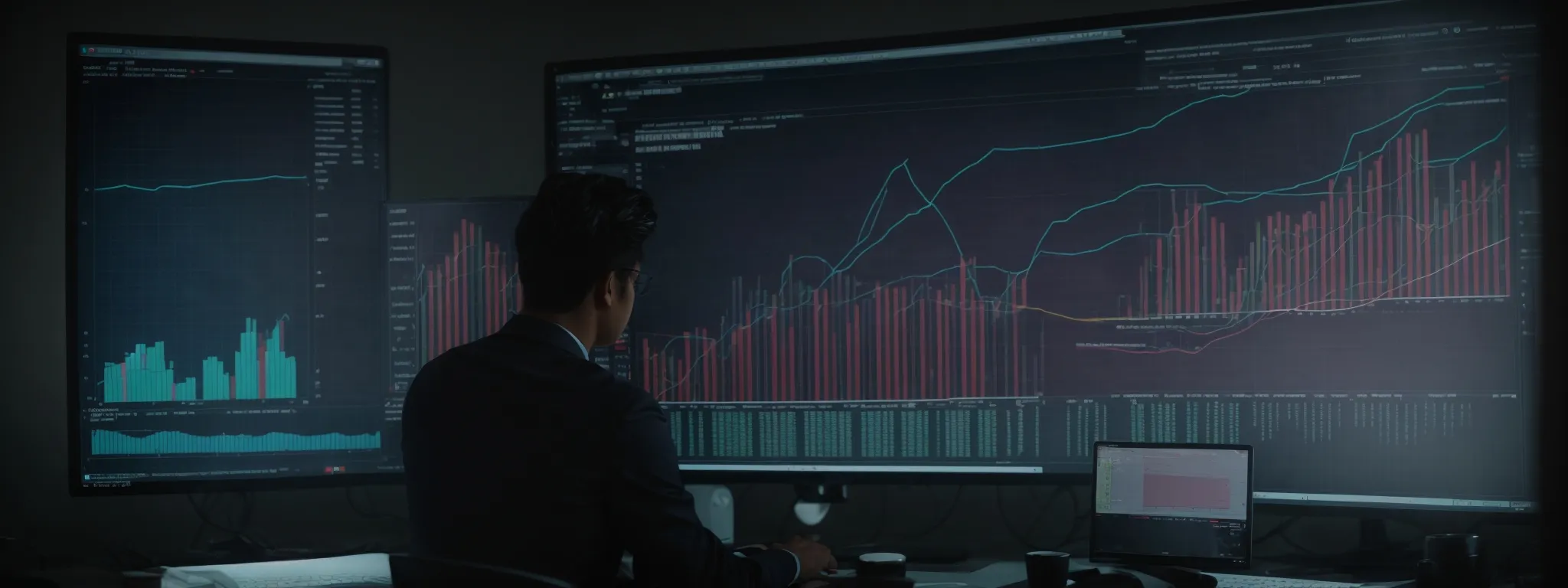 a marketer reviews complex data charts on a computer monitor, optimizing a digital ad campaign.