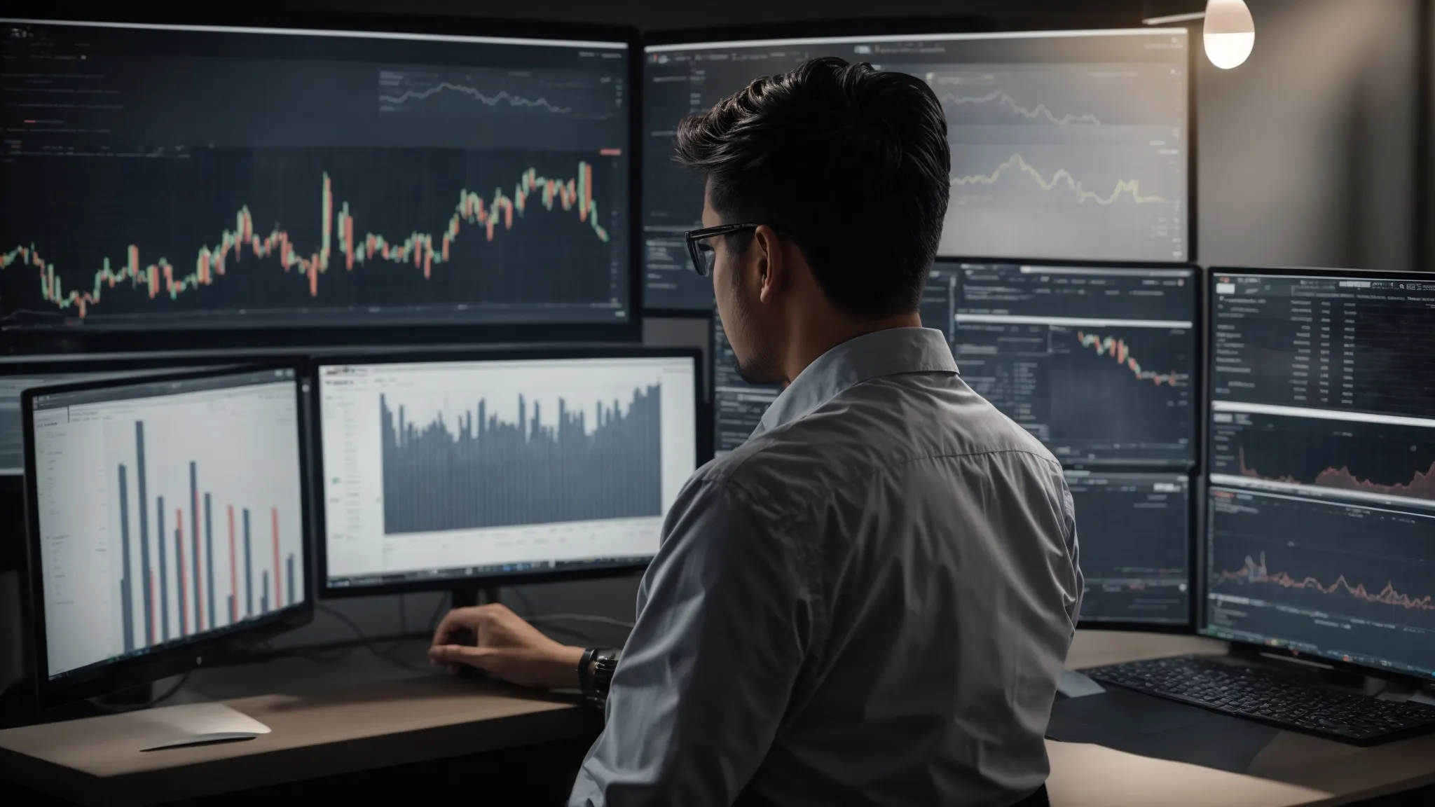 a person analyzing data charts on a computer screen to identify trends in search engine keyword rankings.