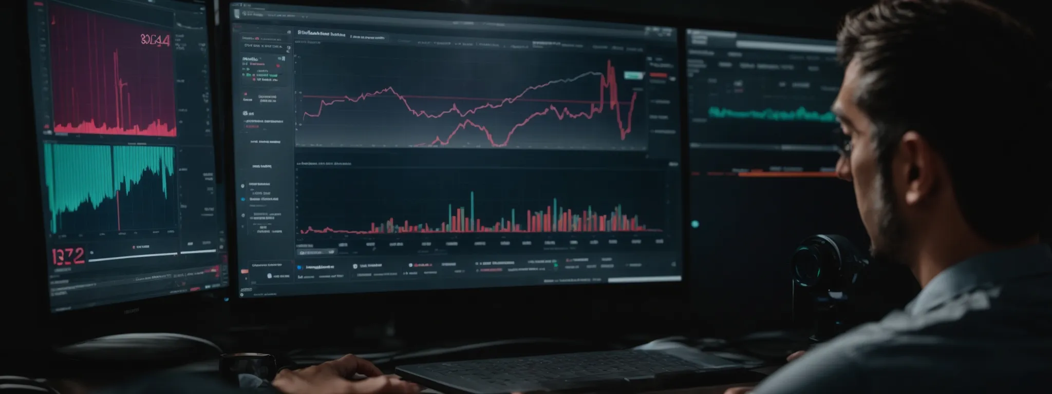 a content creator thoughtfully analyzes a vibrant dashboard displaying seo analytics and keyword trends on a computer screen.