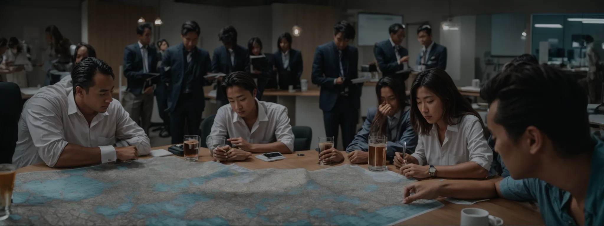 a group of professionals is gathered around a conference table, intently discussing strategies with a map of the local area spread out in front of them.