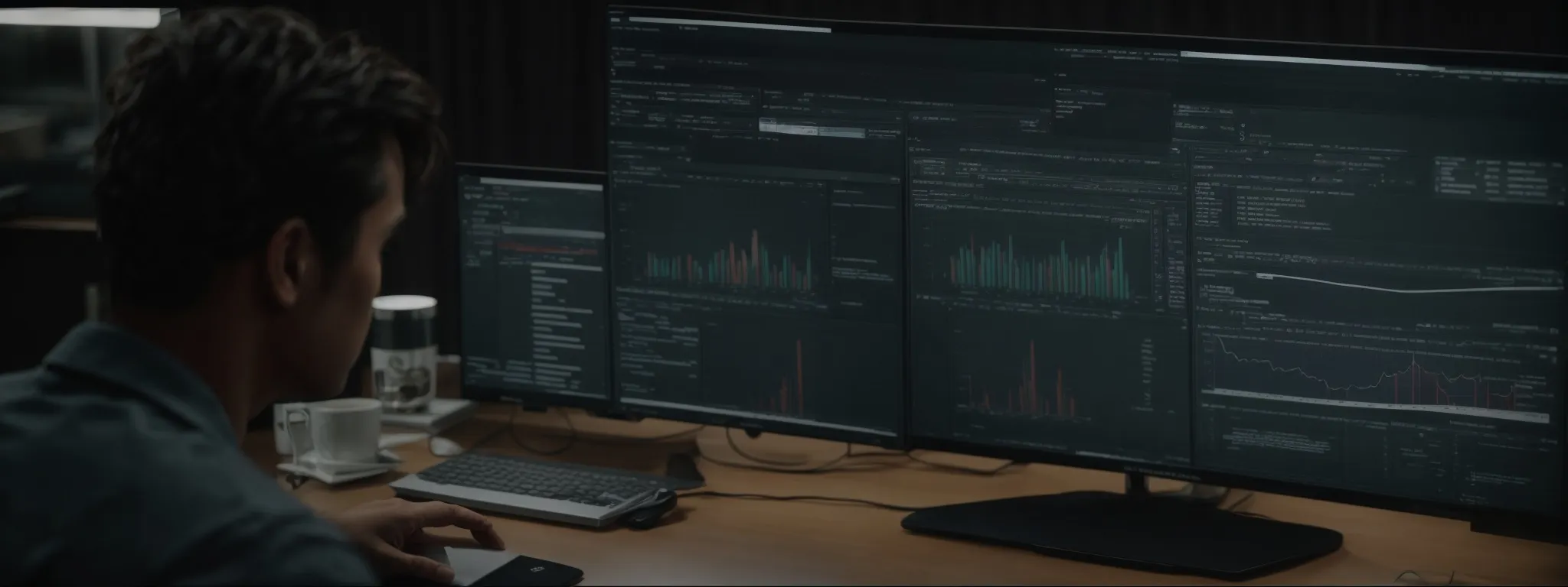 a person sits at a desk with a computer displaying search engine results and graphs of keyword performance.