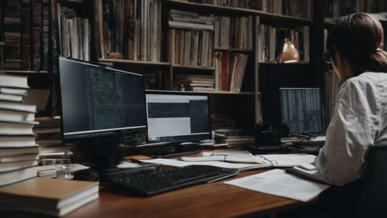 a person sits at a computer, surrounded by books and documents, intensely analyzing graphs and keyword data on the screen.