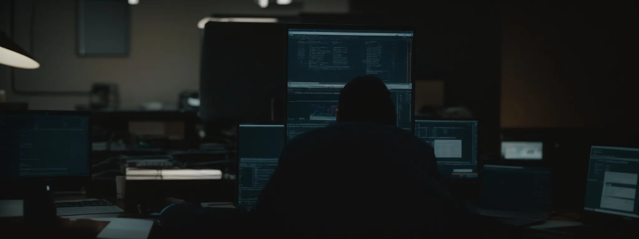 a person working intently on a computer with multiple browser tabs open for seo tools and analytics.