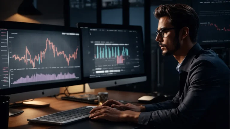 a professional sitting at a computer with graphs and charts on the screen, analyzing keywords.
