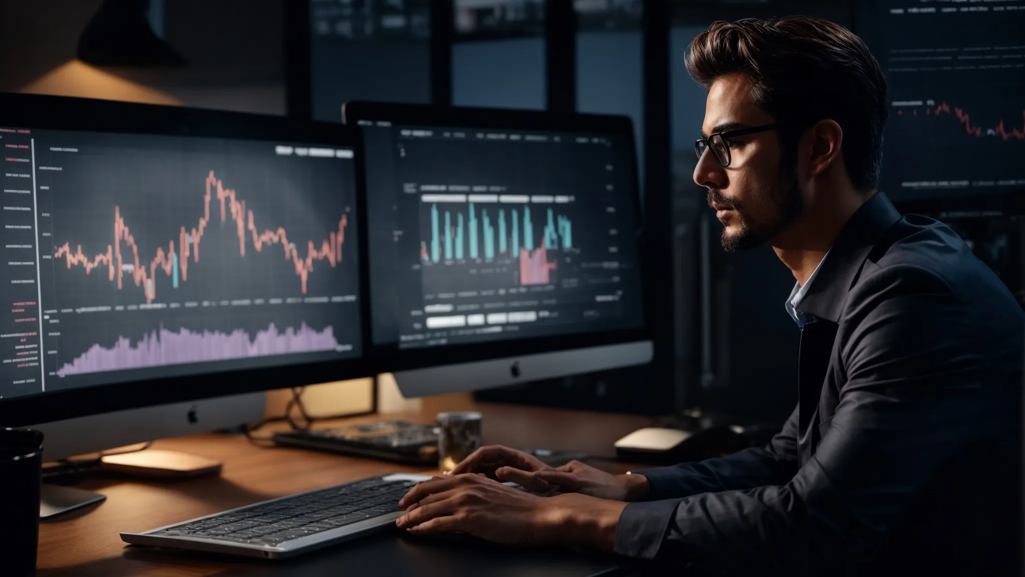 a professional sitting at a computer with graphs and charts on the screen, analyzing keywords.