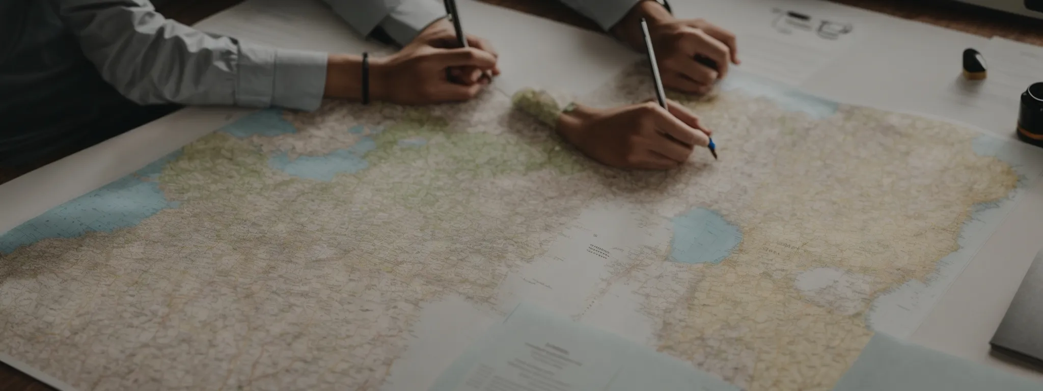 a focused individual examines a broad map on a desk, dotted with various markers and notes, symbolizing strategic planning in keyword research.