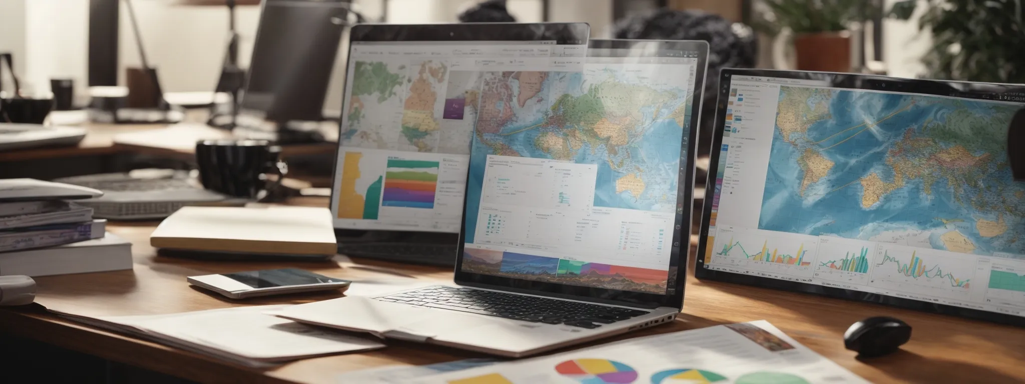 a laptop displaying colorful graphs and maps illustrating regional market trends on a desk surrounded by marketing strategy notes.