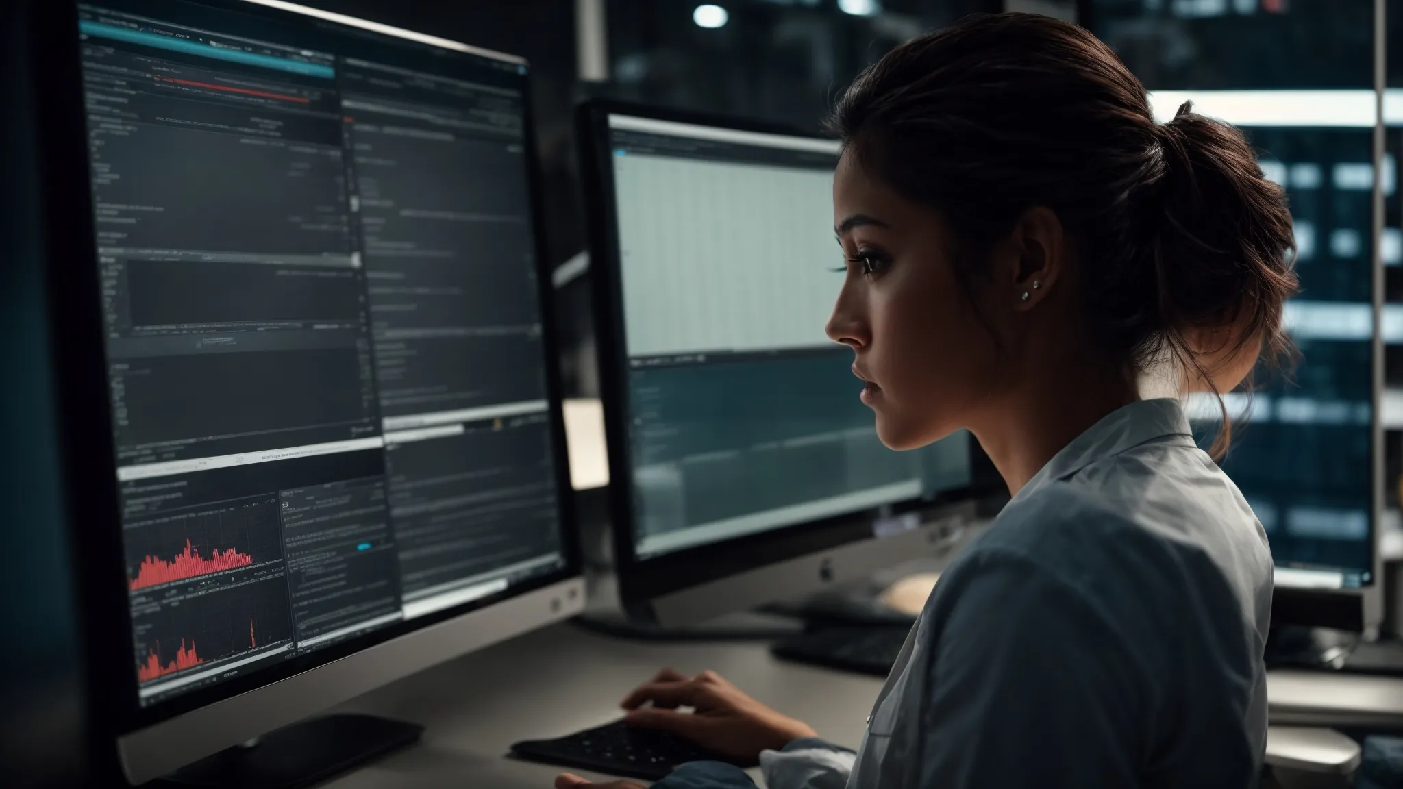a user intently studies a sleek, intuitive dashboard on a computer monitor, where a clear display of keyword analytics tools is highlighted.