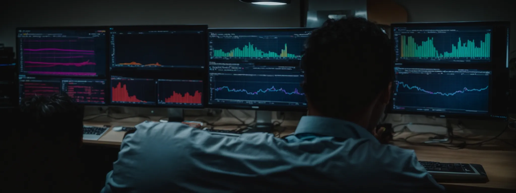 a person sitting at a computer analyzing a colorful seo dashboard reflecting keyword rankings and difficulties.