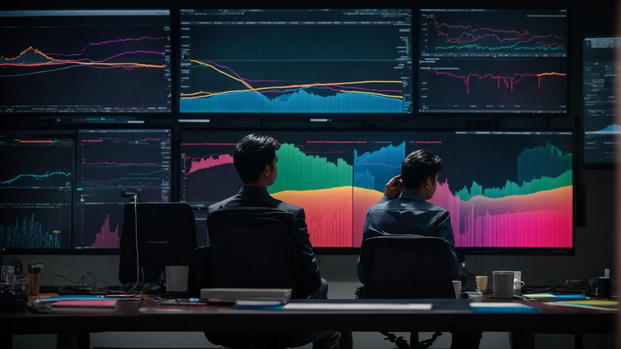 a person seated at a desk focused on a large screen displaying colorful graphs and data analytics charts.