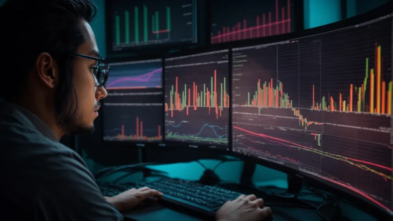 a close-up of a focused individual working on a computer displaying colorful graphs and data analysis charts.