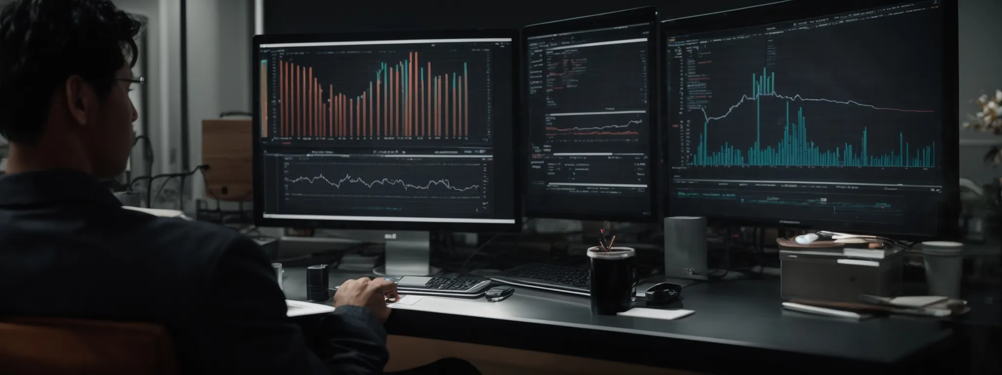 a marketer analyzes data on a computer screen displaying multiple graphs and trend lines.
