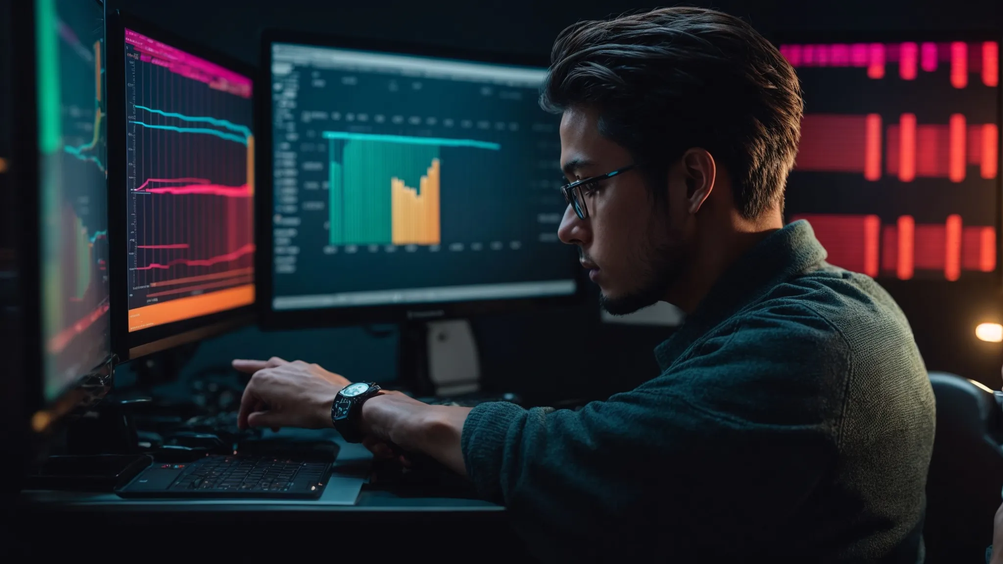 a focused person operates a computer, analyzing colorful graphs and charts on keyword performance.