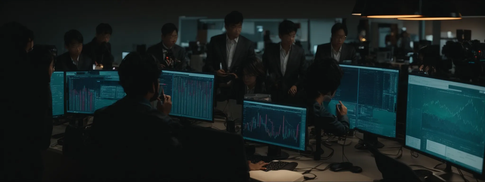 a group of professionals gather around a large computer monitor to explore an seo tool's dashboard for keyword analysis.