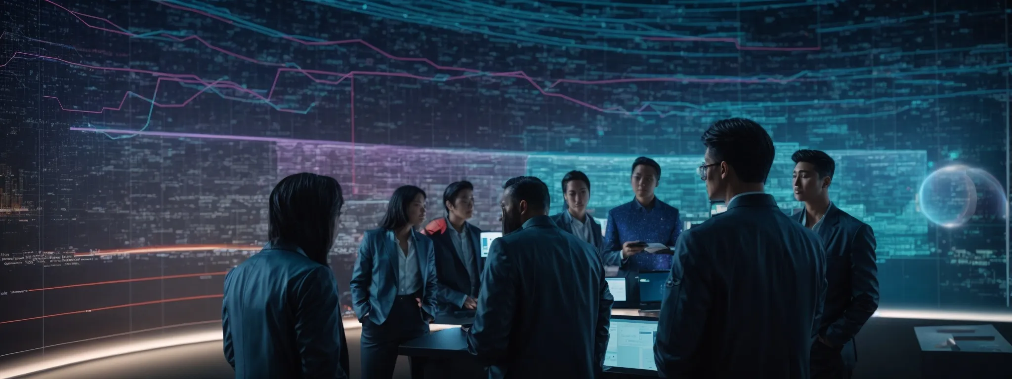 a group of professionals gather around a glowing holographic display of web search data points and trend lines, strategizing in a high-tech command center.