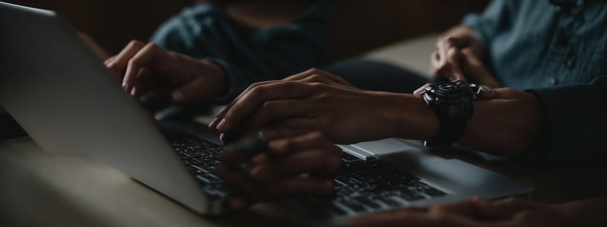 a person typing on a laptop, focusing intently on creating seo-friendly content.