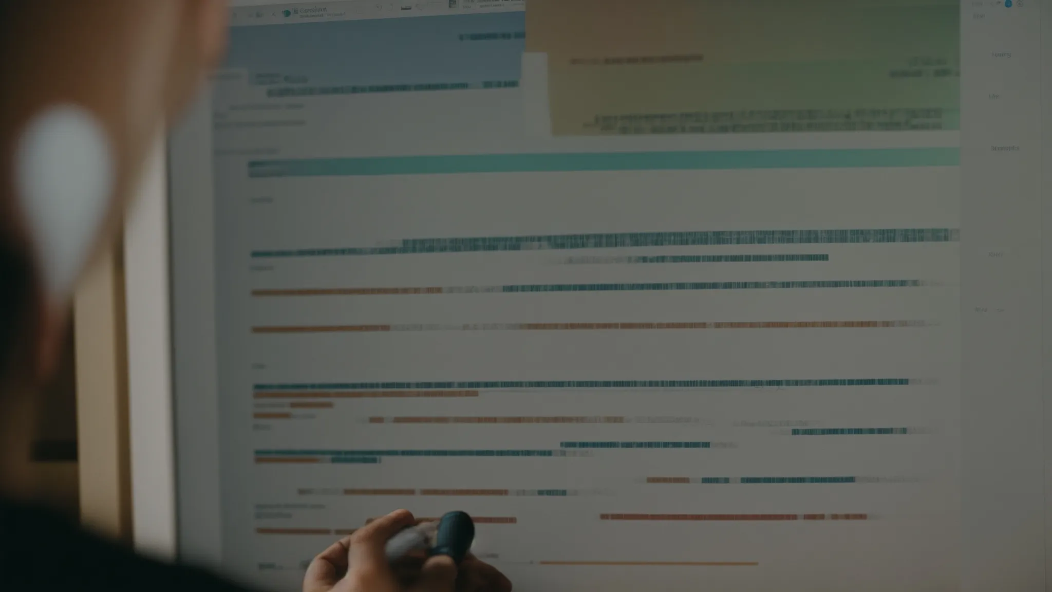 a person sitting at a computer with a chart of popular search terms on the screen.